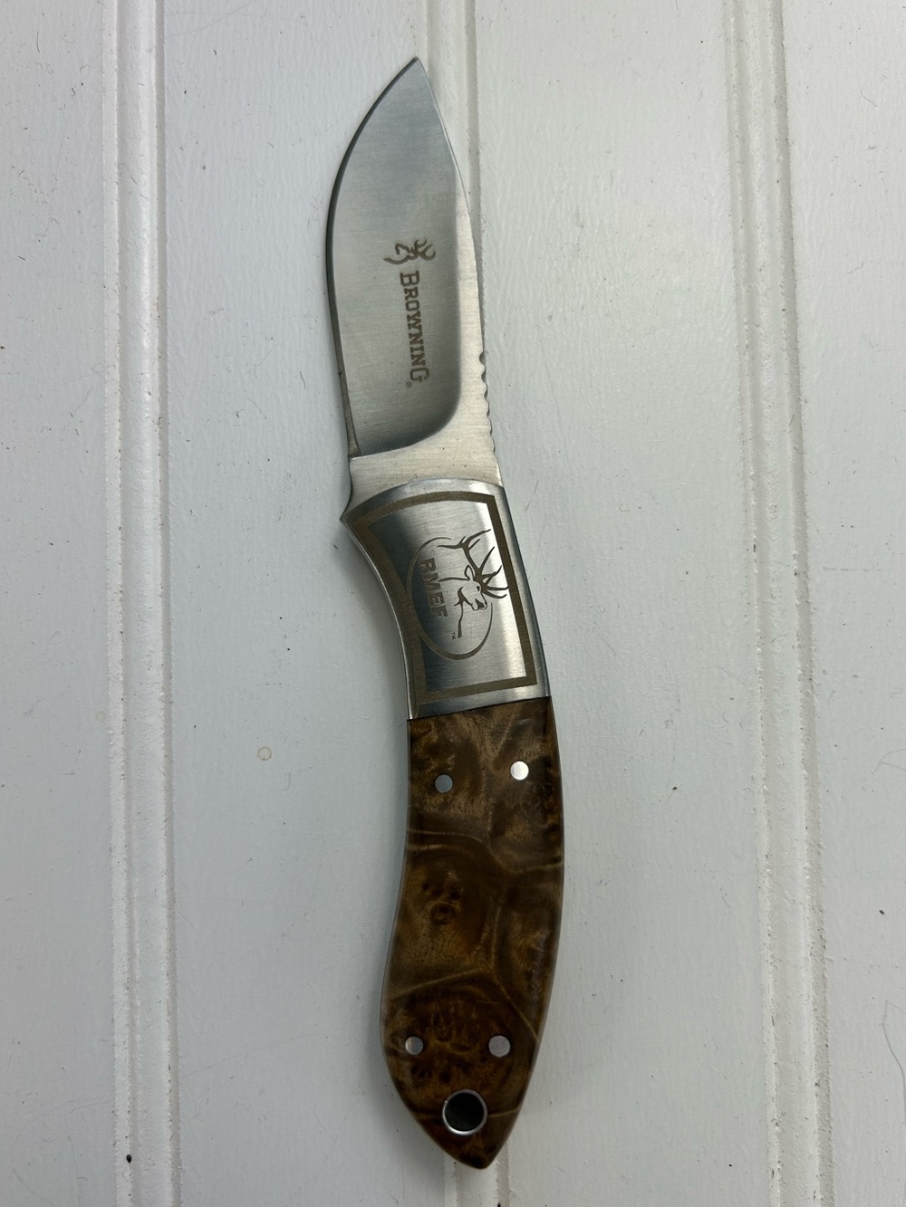 Browning Knife RMEF Belt Brown Wood Handle Silver Blade Holder Hunting - Picture 3 of 8